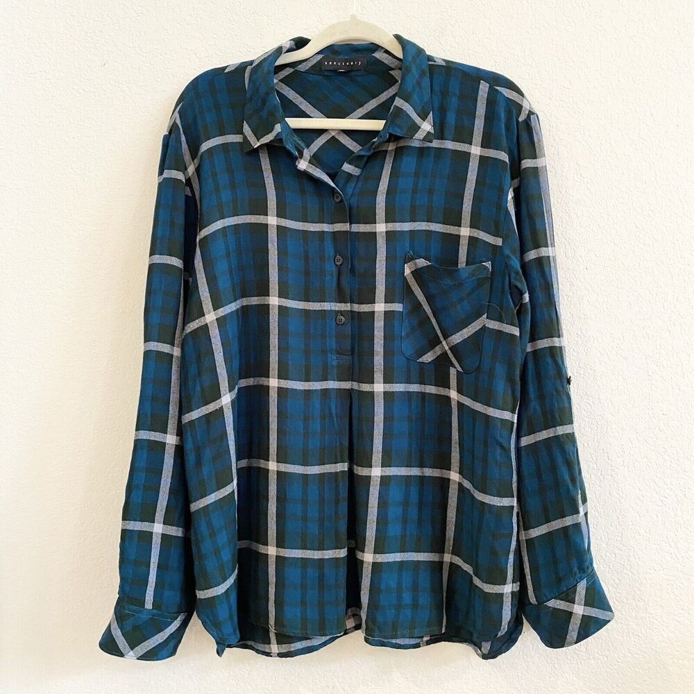 Sanctuary Women's Plaid Long‎ Sleeve Top Henley Popover Teal Blue XL Rayon